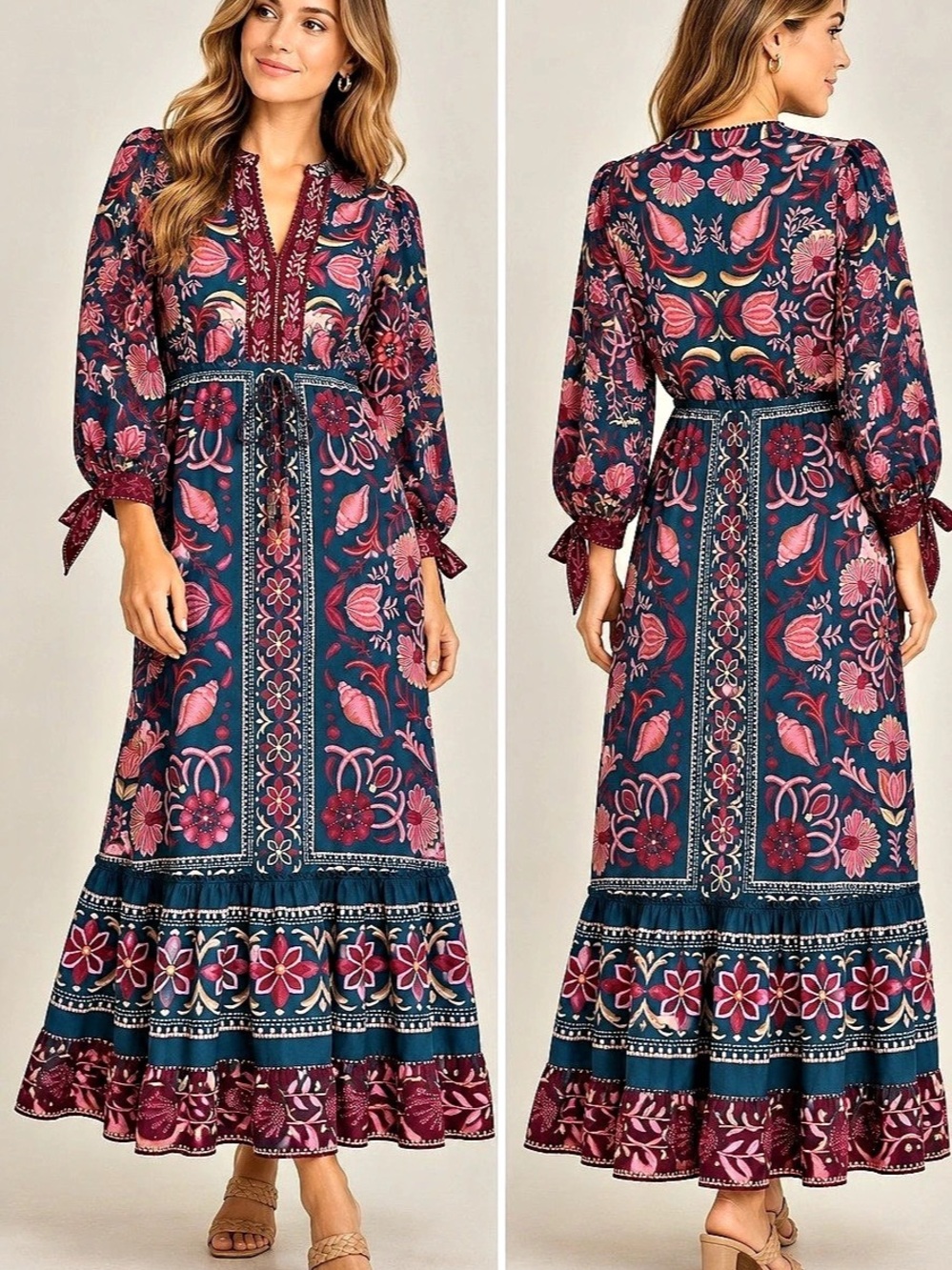 FARM Rio Teal Pink Floral Long Sleeve Maxi Dress Size M